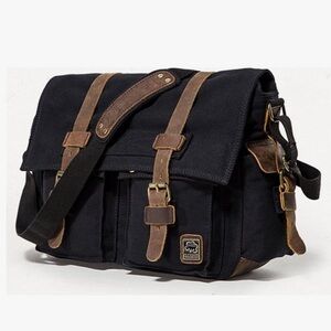 SC Cotton Black Canvas Messenger Bag with Brown Accents